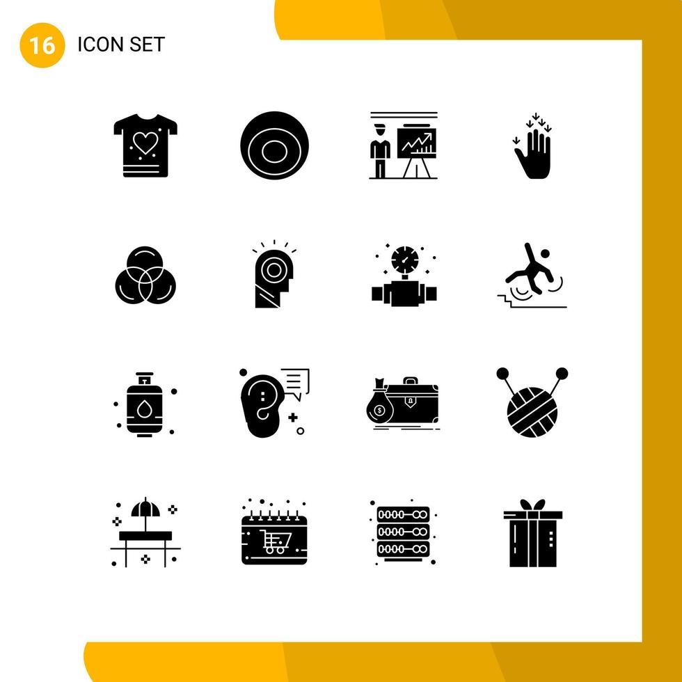 Group of 16 Modern Solid Glyphs Set for color down man arrow gesture Editable Vector Design Elements