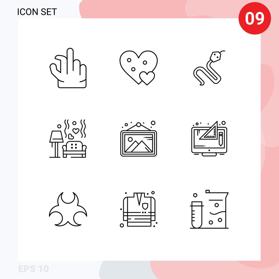 Group of 9 Outlines Signs and Symbols for gallery heart animal love lump Editable Vector Design Elements