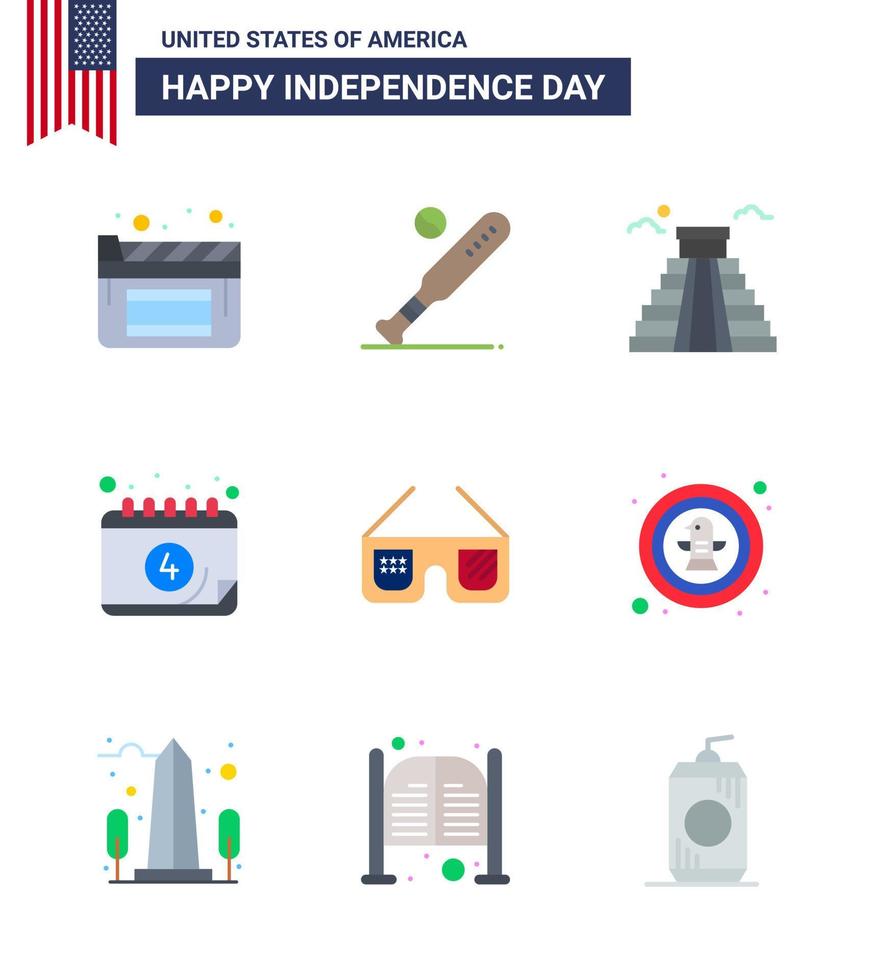 feliz día de la independencia 4 de julio conjunto de 9 pisos pictograma americano de gafas día fecha de construcción elementos de diseño de vector de día de estados unidos editable americano