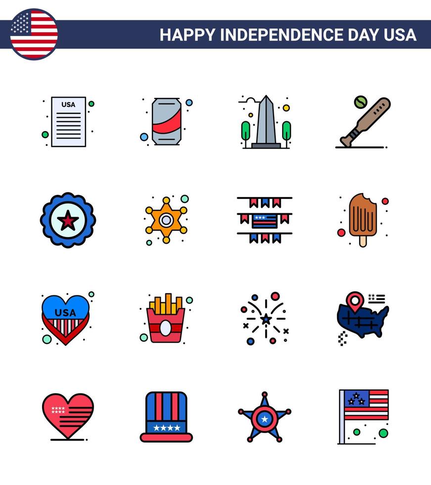 Happy Independence Day 4th July Set of 16 Flat Filled Lines American Pictograph of glass sports monument bat ball Editable USA Day Vector Design Elements