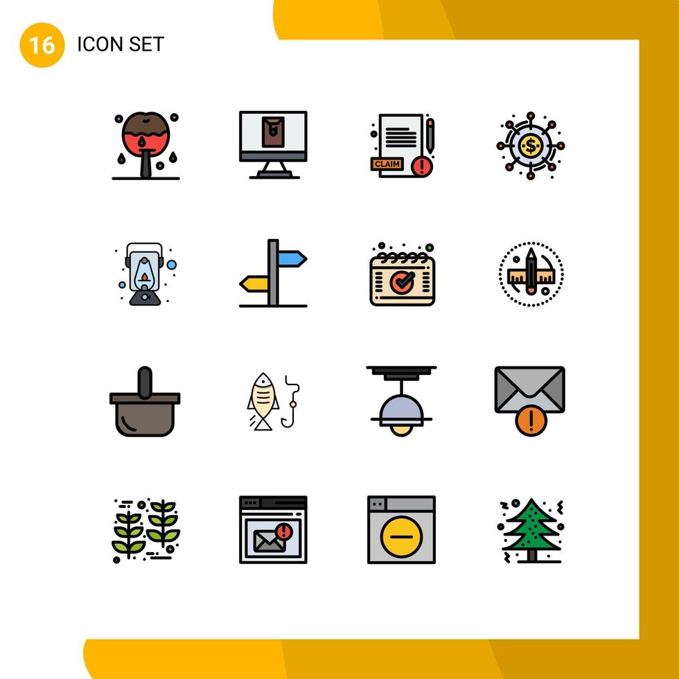 Set of 16 Commercial Flat Color Filled Lines pack for oil lamp report funds crowdsourcing Editable Creative Vector Design Elements