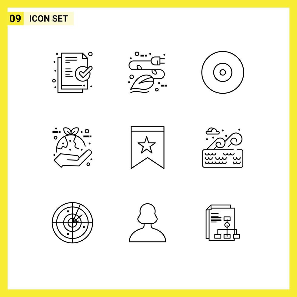 9 Universal Outlines Set for Web and Mobile Applications badge hand blu eco plant Editable Vector Design Elements