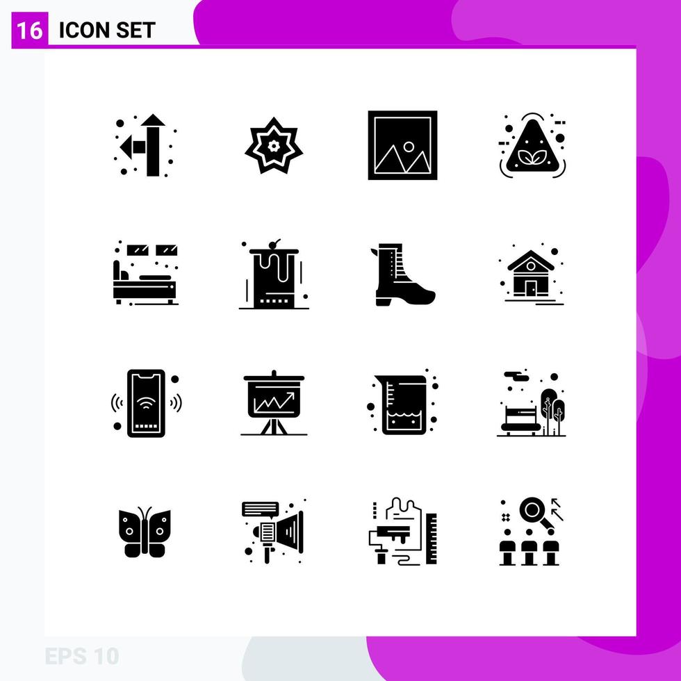 Pictogram Set of 16 Simple Solid Glyphs of bed item decor garbage photo Editable Vector Design Elements