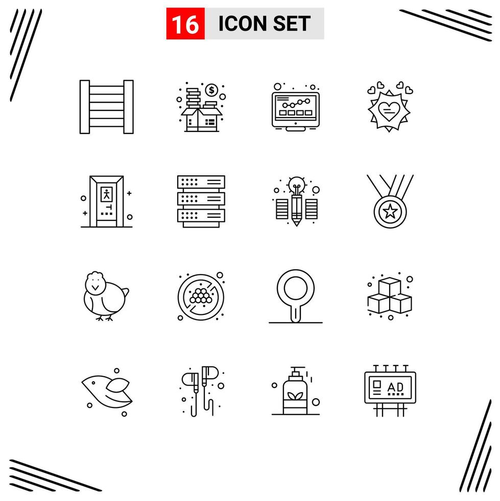 Modern Set of 16 Outlines and symbols such as server door monitoring bathroom valentine Editable Vector Design Elements