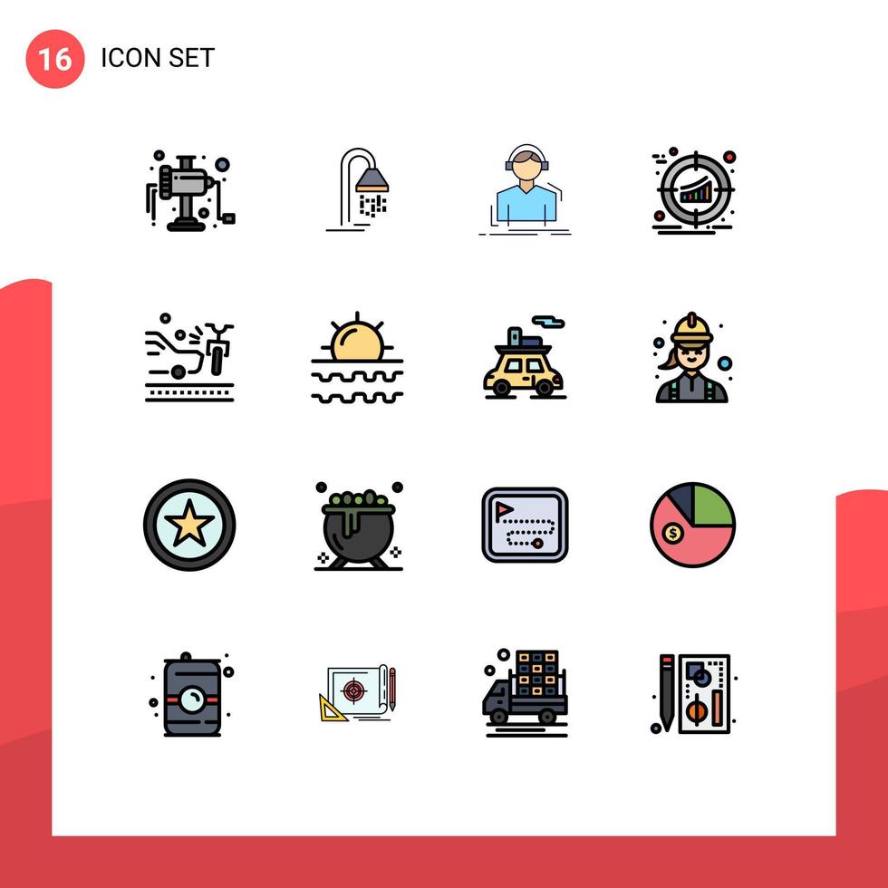 Pack of 16 Modern Flat Color Filled Lines Signs and Symbols for Web Print Media such as accident product headphones marketing target Editable Creative Vector Design Elements