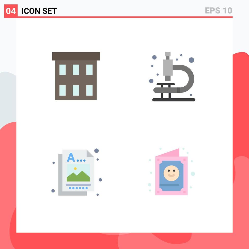 Set of 4 Vector Flat Icons on Grid for building graphic corporation microscope image Editable Vector Design Elements