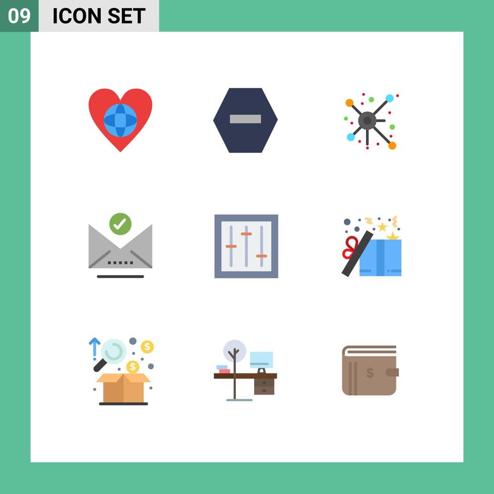 paquete de 9 signos y símbolos de colores planos modernos para medios de impresión web como dj select distribuir elementos de diseño de vectores editables de marca de verificación de letras