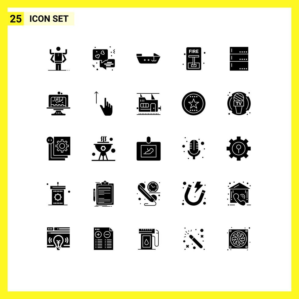 Editable Vector Line Pack of 25 Simple Solid Glyphs of server data motor admin evacuate Editable Vector Design Elements