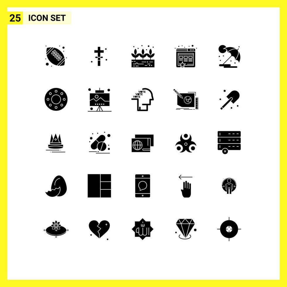 Solid Glyph Pack of 25 Universal Symbols of donut umbrella green plant sun marketing Editable Vector Design Elements