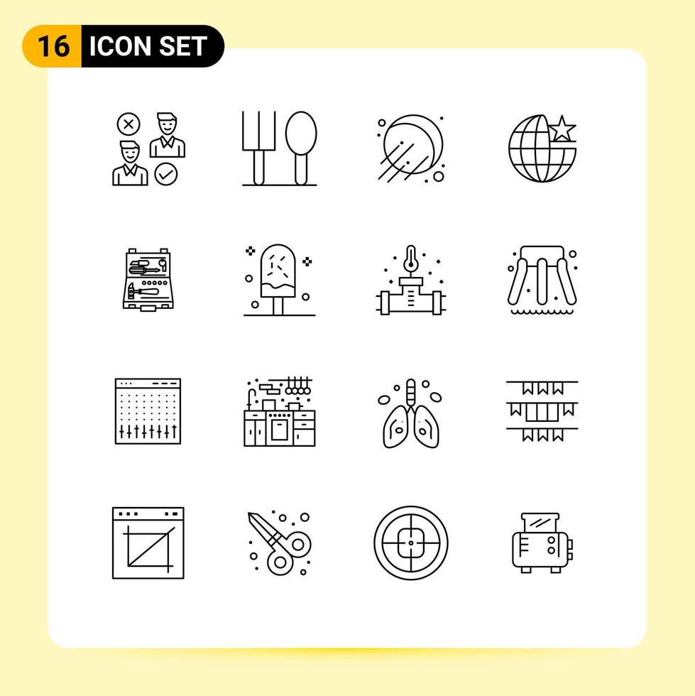 16 Universal Outlines Set for Web and Mobile Applications construction tools satellite stare globe Editable Vector Design Elements
