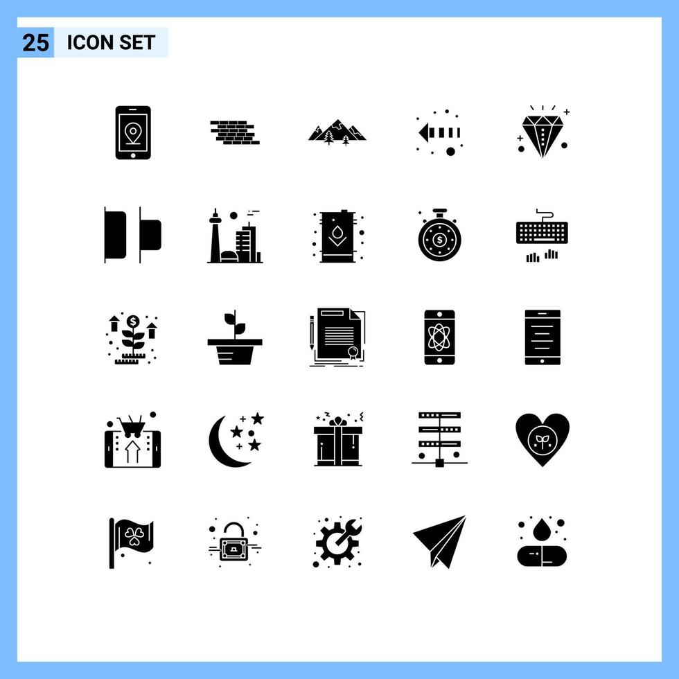 Group of 25 Solid Glyphs Signs and Symbols for diamond left rocks direction mountain Editable Vector Design Elements