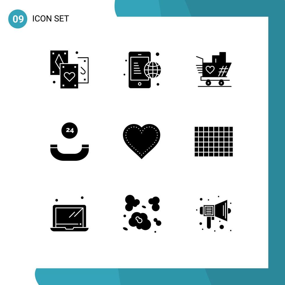 Modern Set of 9 Solid Glyphs and symbols such as like heart trolly support all time Editable Vector Design Elements