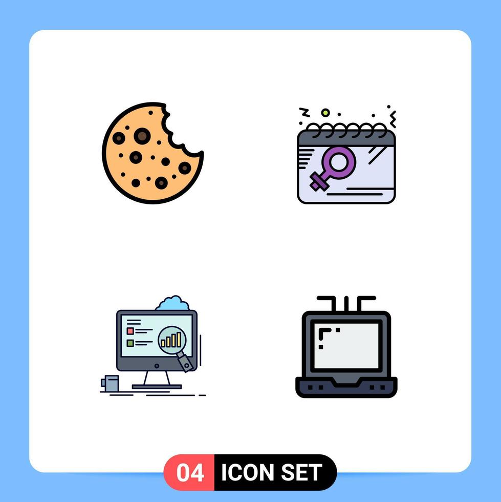 conjunto moderno de 4 pictogramas de colores planos de línea de relleno de elementos de diseño de vector editables de computadora portátil de mujeres de calendario de tablero de alimentos