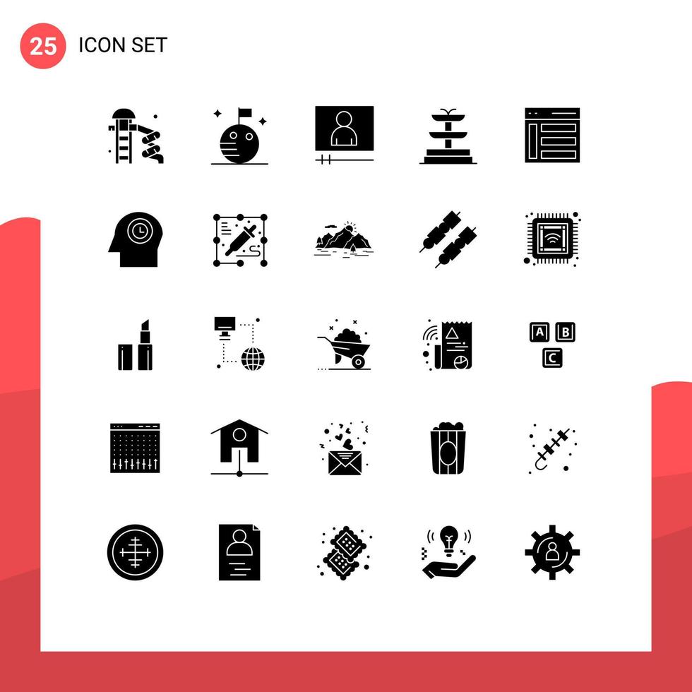 Pack of 25 Modern Solid Glyphs Signs and Symbols for Web Print Media such as face sidebar player left communication Editable Vector Design Elements