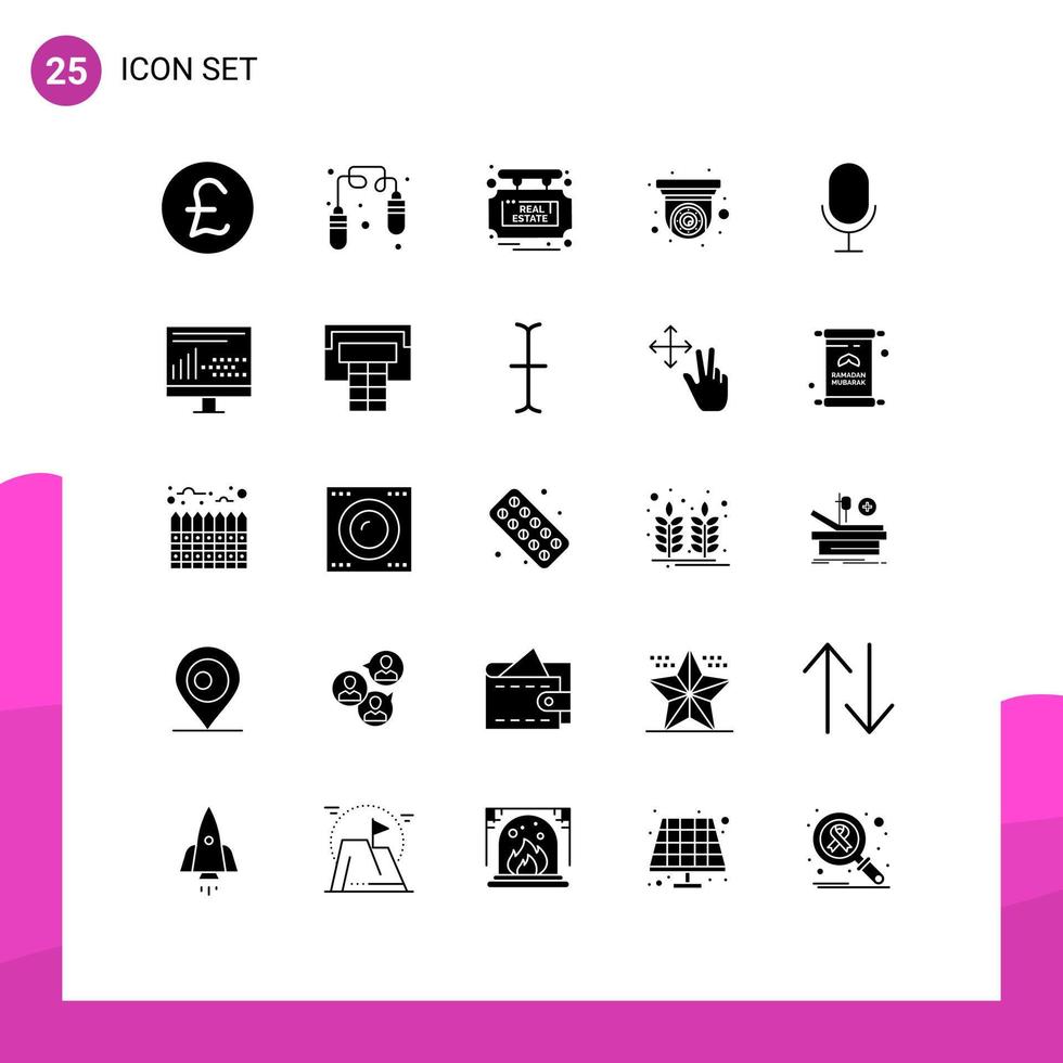 Mobile Interface Solid Glyph Set of 25 Pictograms of coding microphone real mic security Editable Vector Design Elements