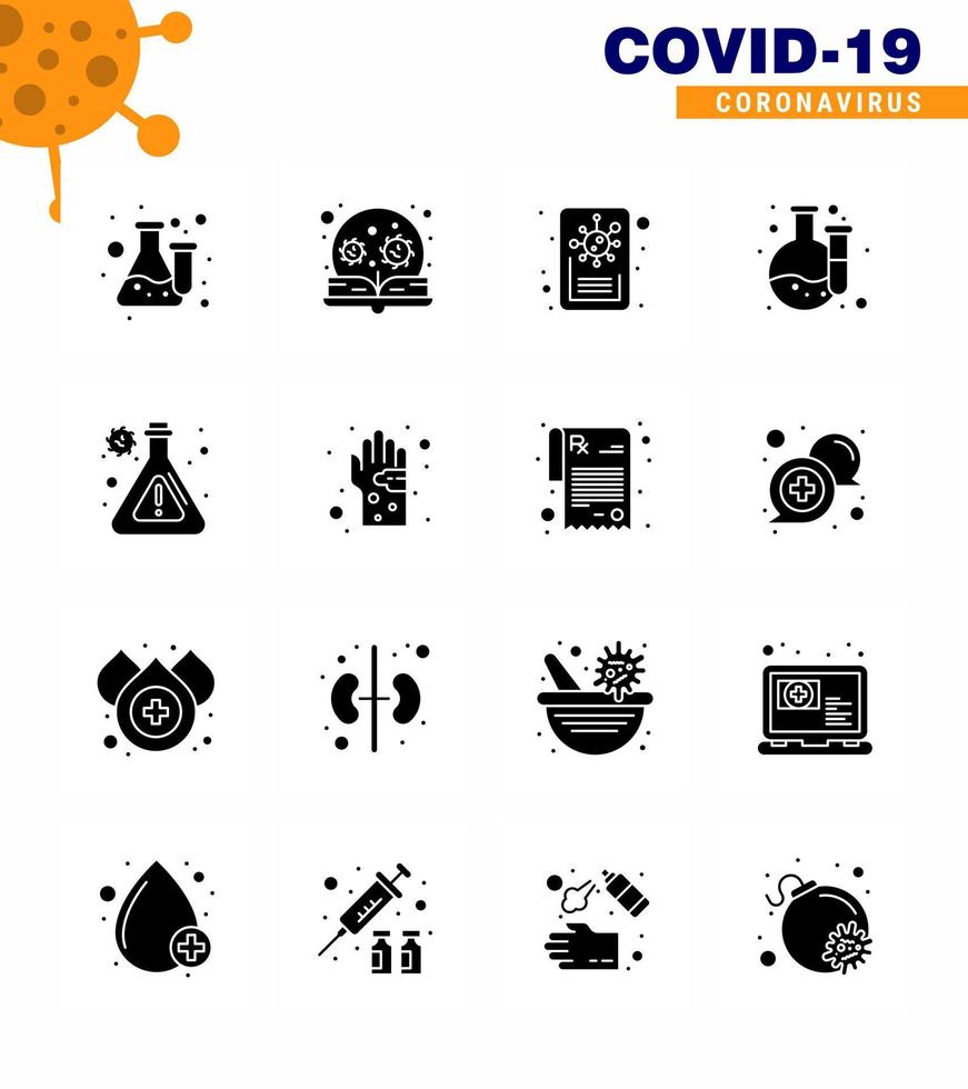 16 conjunto negro de glifos sólidos de íconos epidémicos del virus de la corona, como el virus del laboratorio de búsqueda de laboratorio, el coronavirus viral 2019nov, los elementos de diseño del vector de enfermedad