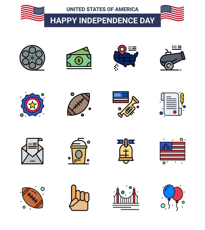 Group of 16 Flat Filled Lines Set for Independence day of United States of America such as badge american location mortar cannon Editable USA Day Vector Design Elements