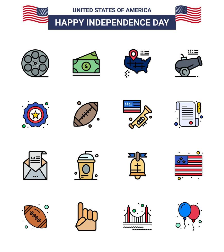 grupo de 16 líneas rellenas planas establecidas para el día de la independencia de los estados unidos de américa, como insignia de ubicación americana, cañón de mortero, elementos de diseño vectorial del día de estados unidos editables vector