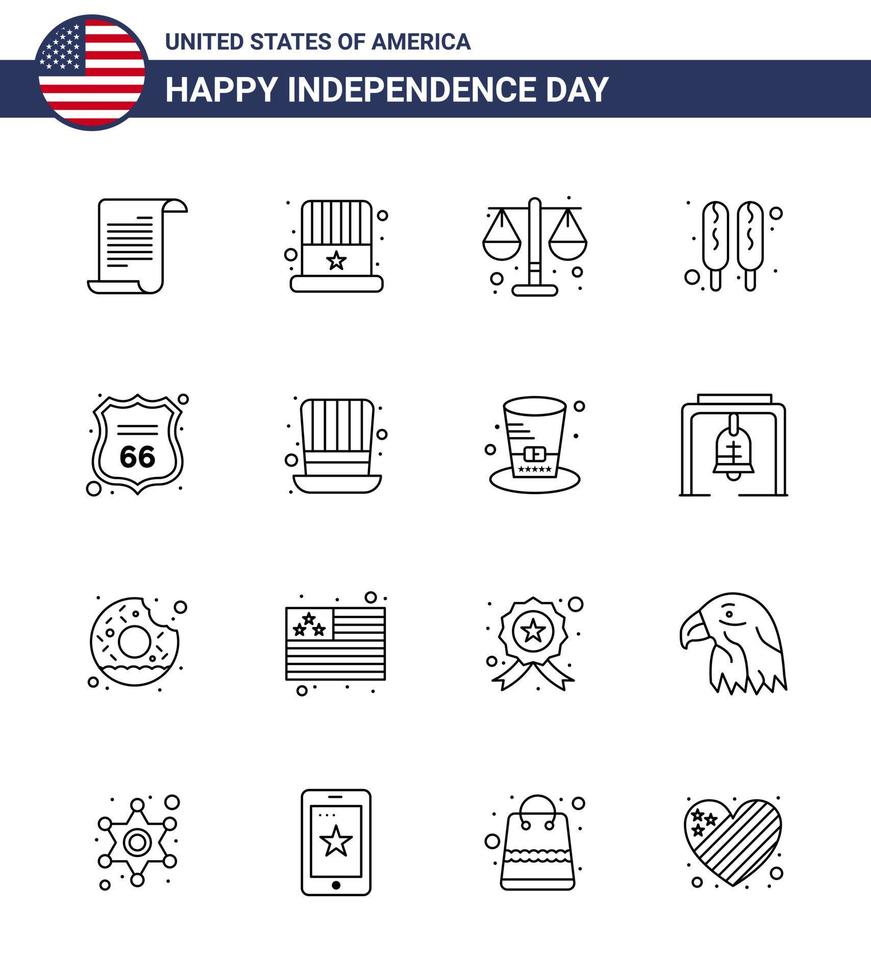 conjunto moderno de 16 líneas y símbolos en el día de la independencia de EE. UU., como los elementos de diseño vectorial editables del día de EE. UU. vector