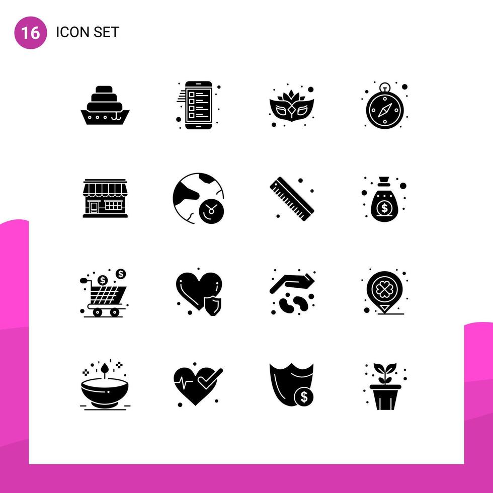 Set of 16 Commercial Solid Glyphs pack for building market mask online navigation Editable Vector Design Elements