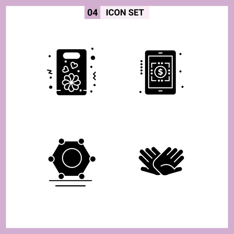 4 Universal Solid Glyph Signs Symbols of flower super connected present currency symbol hands Editable Vector Design Elements