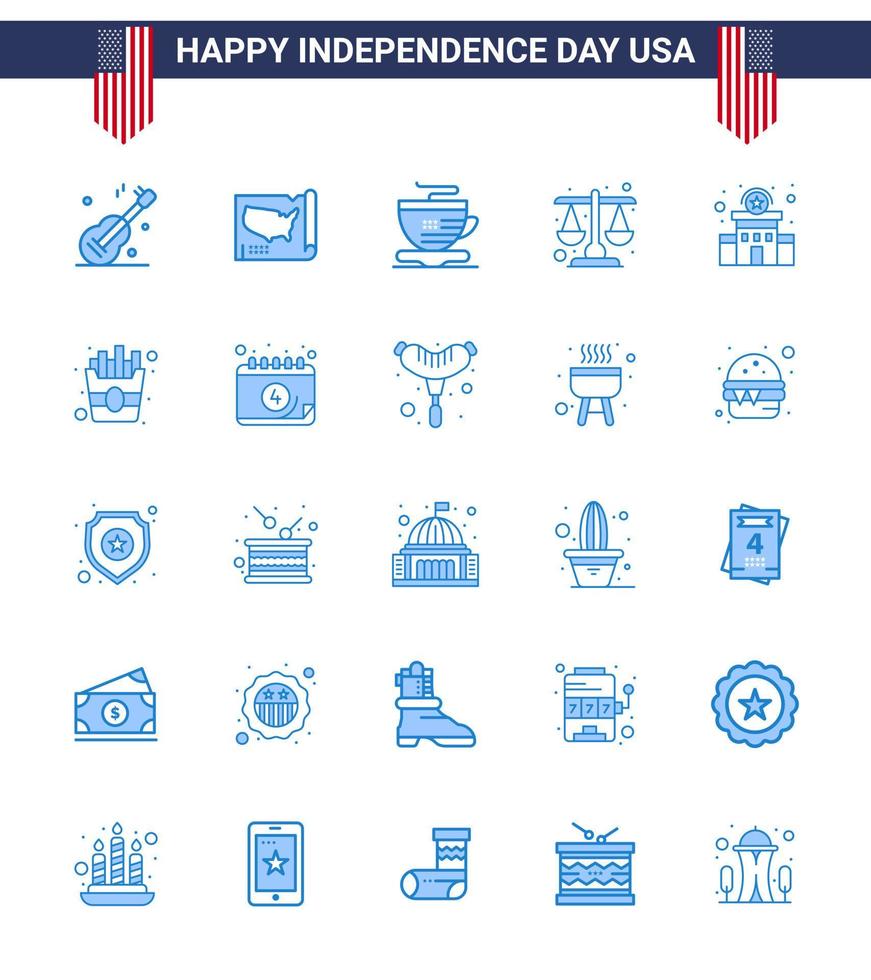 25 USA Blue Pack of Independence Day Signs and Symbols of station building tea scale justice Editable USA Day Vector Design Elements