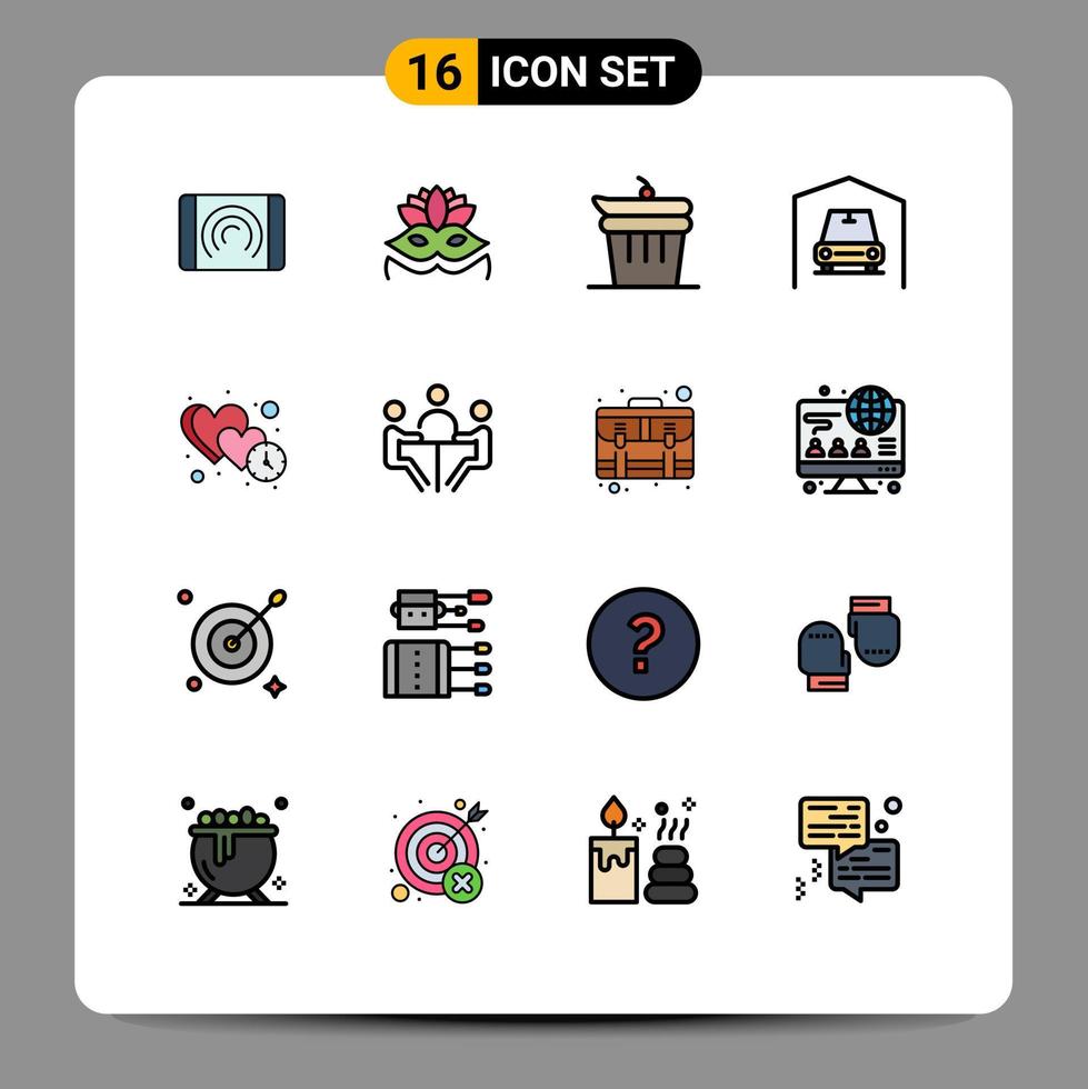 Pack of 16 Modern Flat Color Filled Lines Signs and Symbols for Web Print Media such as time heart done clock van Editable Creative Vector Design Elements
