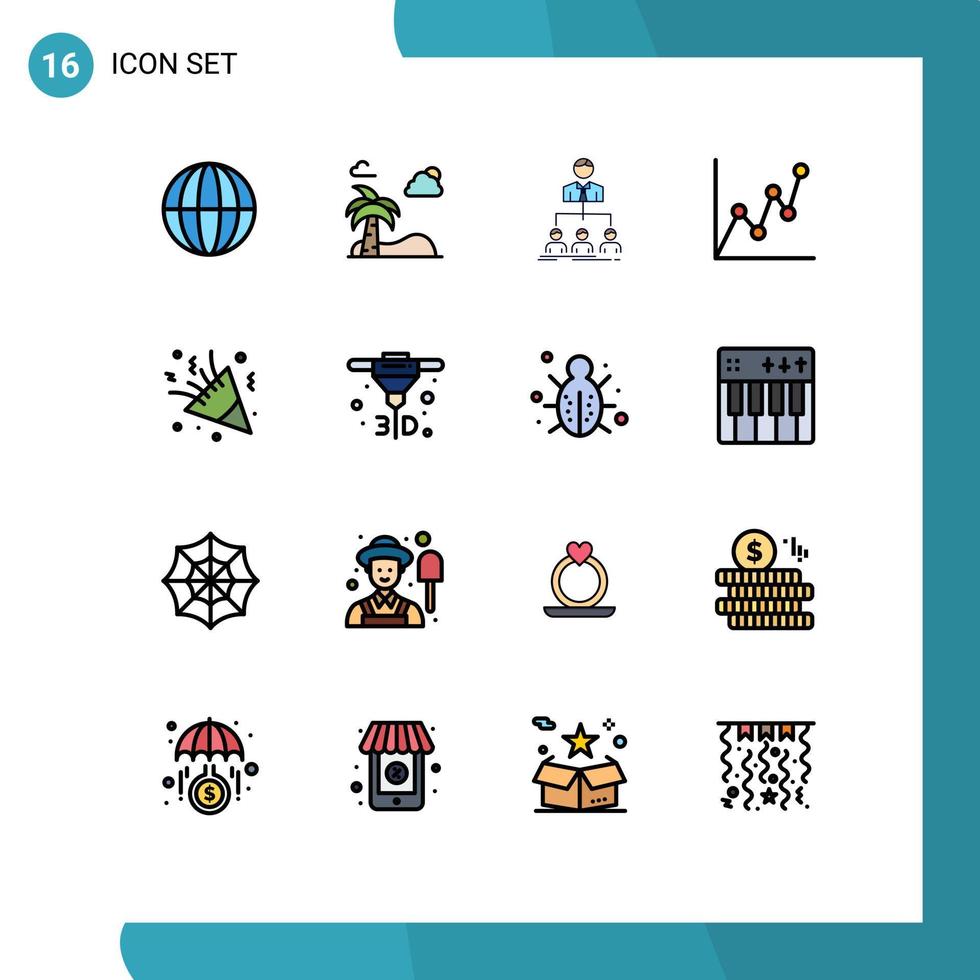 paquete de líneas llenas de color plano de 16 símbolos universales de celebración dinero equipo tarjeta empresa elementos de diseño de vectores creativos editables