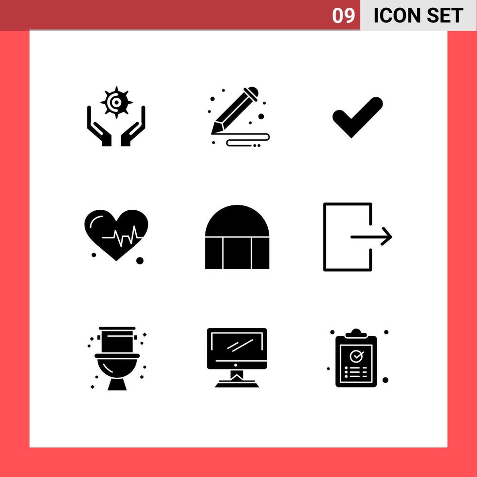 conjunto moderno de 9 pictogramas de glifos sólidos de elementos de diseño vectorial editables del corazón de la ciencia del control del edificio islámico vector