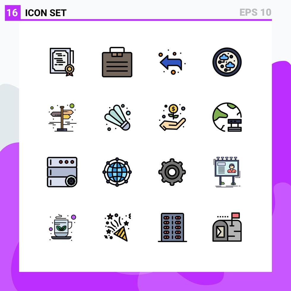 16 Thematic Vector Flat Color Filled Lines and Editable Symbols of direction technology suitcase network connected Editable Creative Vector Design Elements