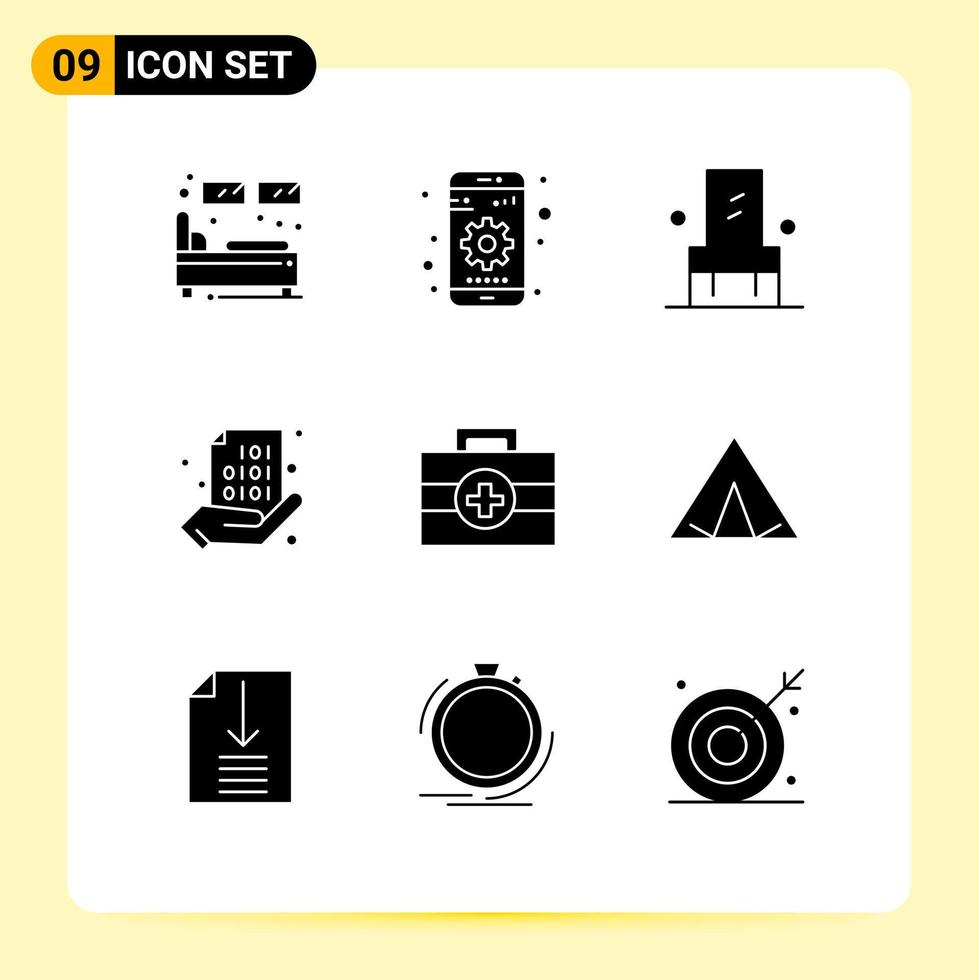 Universal Icon Symbols Group of 9 Modern Solid Glyphs of coding share device binary seat Editable Vector Design Elements