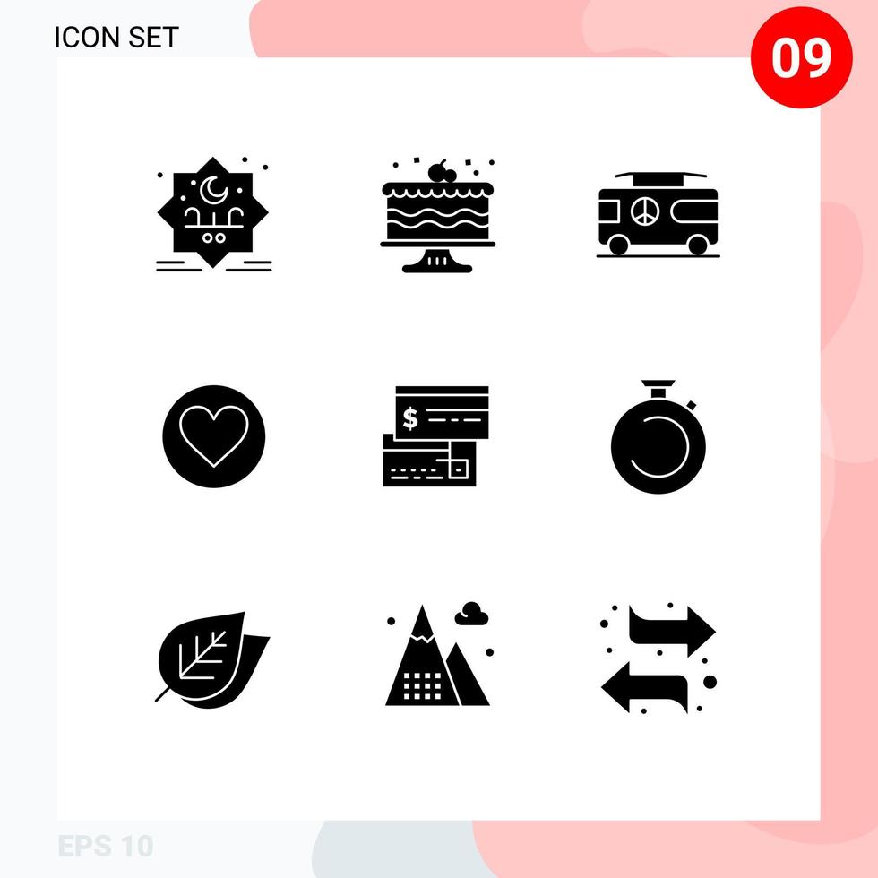 Group of 9 Solid Glyphs Signs and Symbols for card cack combo favorite love Editable Vector Design Elements