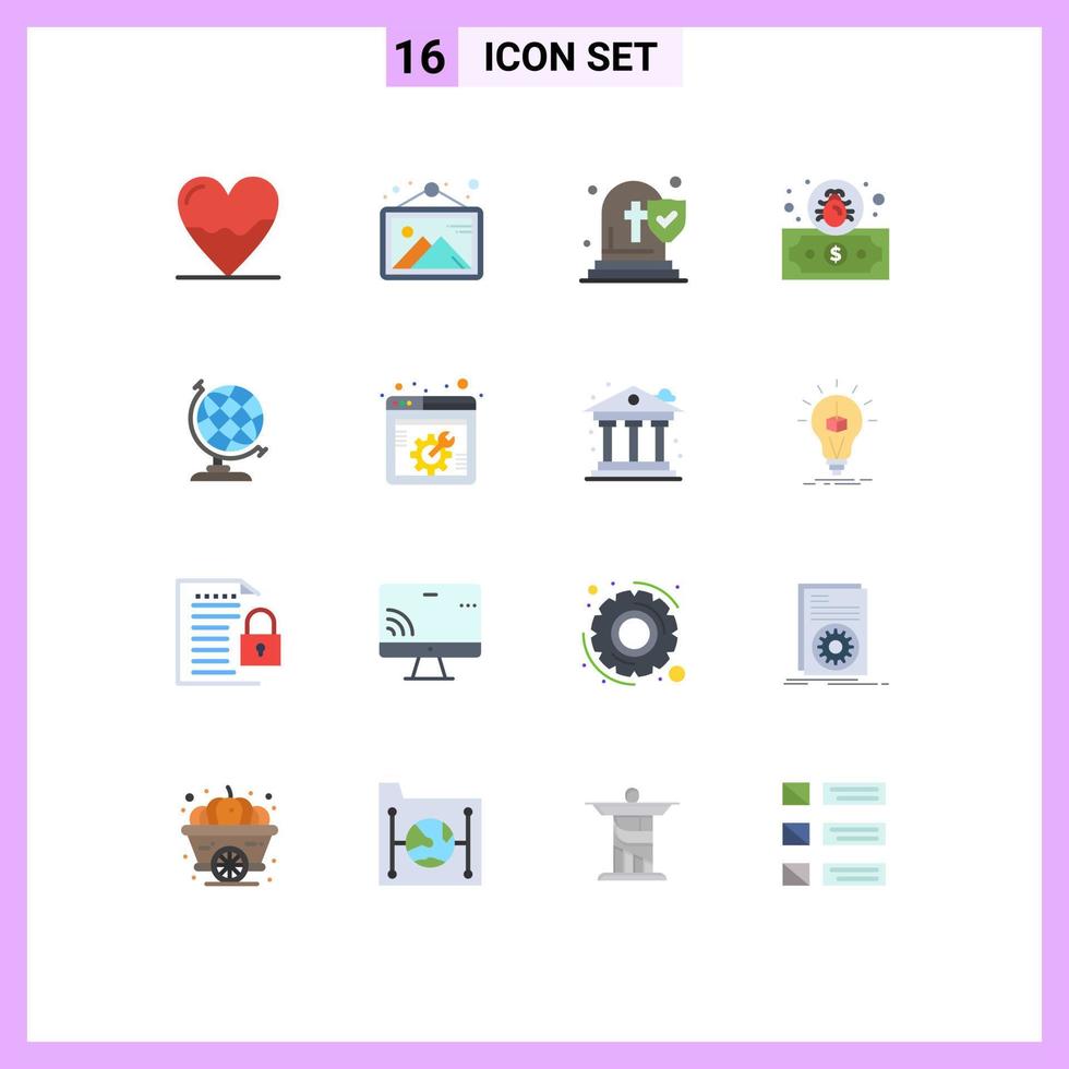 Universal Icon Symbols Group of 16 Modern Flat Colors of geography security frame payment insurance Editable Pack of Creative Vector Design Elements