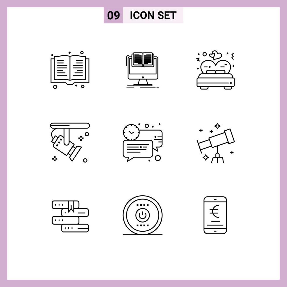 Pack of 9 Modern Outlines Signs and Symbols for Web Print Media such as chat spotlight bed light bright Editable Vector Design Elements