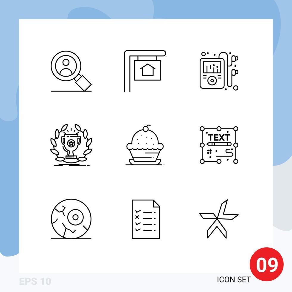 Mobile Interface Outline Set of 9 Pictograms of sweet dessert player cake reward Editable Vector Design Elements