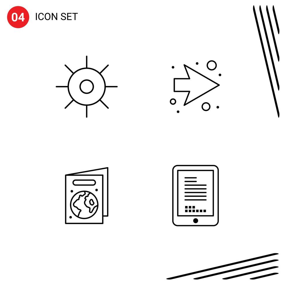 Mobile Interface Line Set of 4 Pictograms of biology book sun right coding Editable Vector Design Elements