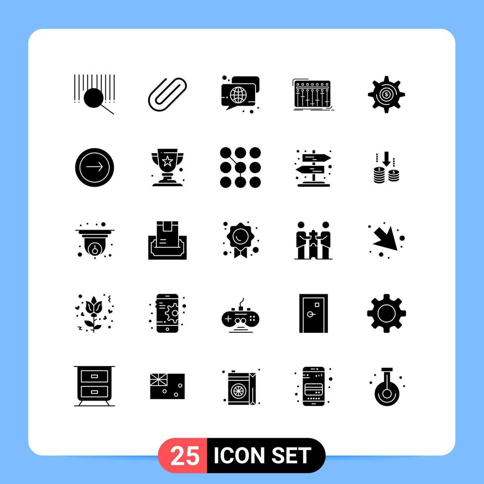 Set of 25 Commercial Solid Glyphs pack for business music chat mixer console Editable Vector Design Elements