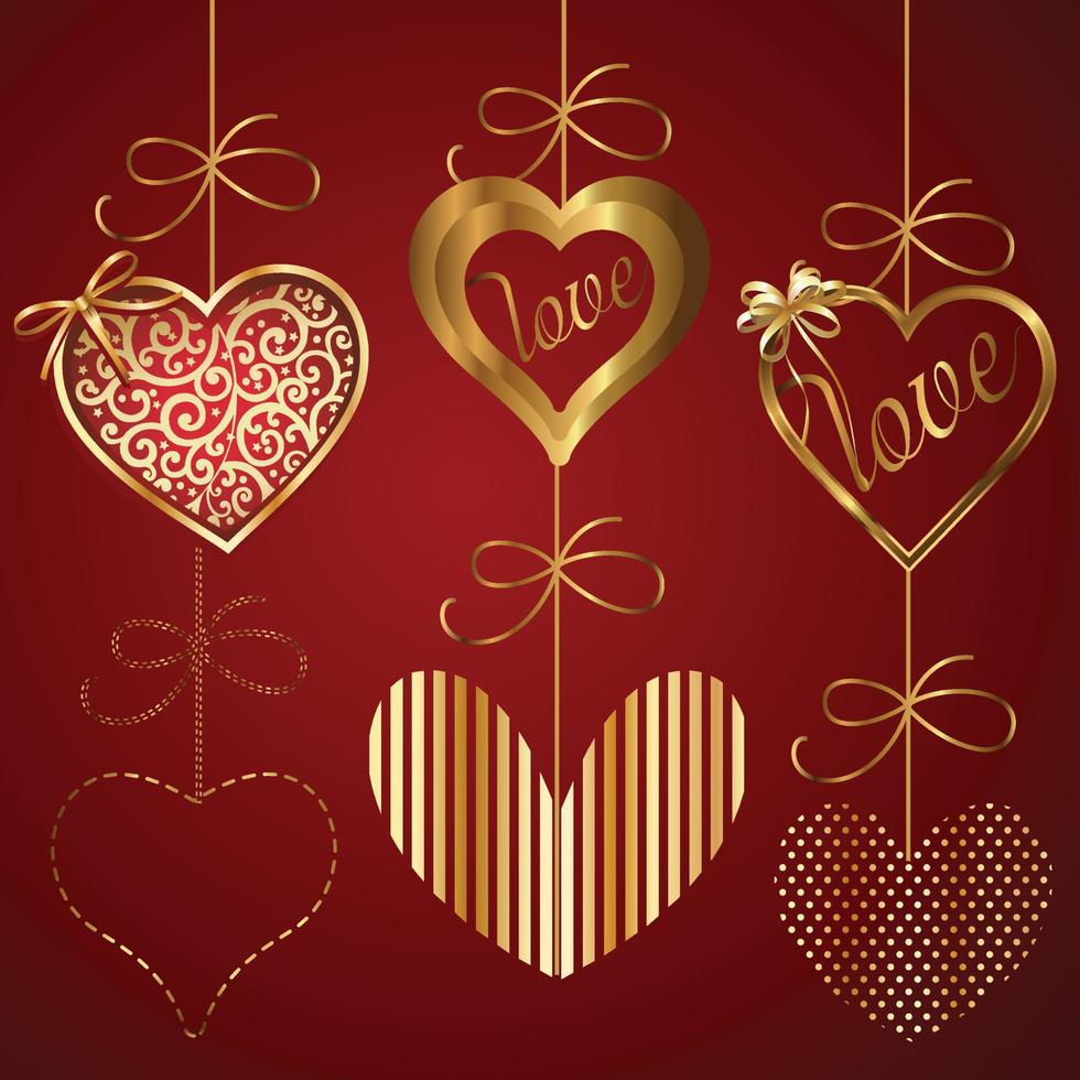 conjunto de diferentes ilustraciones vectoriales de corazones dorados. vector