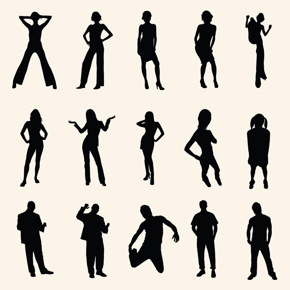 Set of vector silhouette of girls and boys standing.