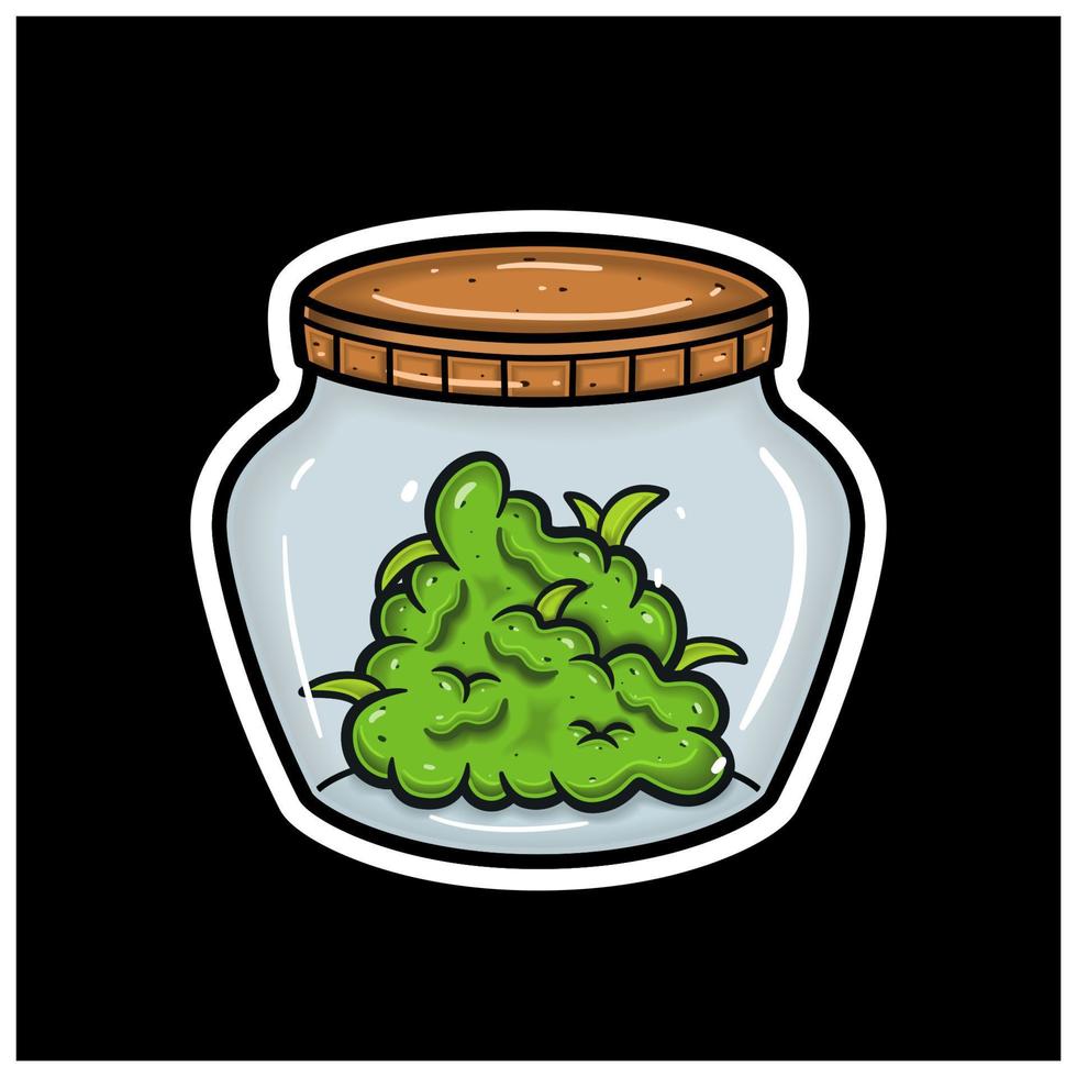 Cartoon Mascot of Weed Bud On Jar. For Sticker and label. vector