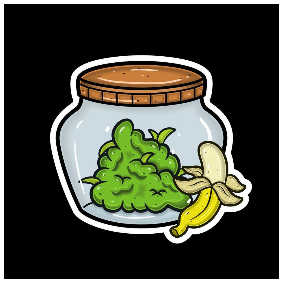 Cartoon Mascot of Banana Flavor With Weed Bud On Jar. For Sticker and label. vector