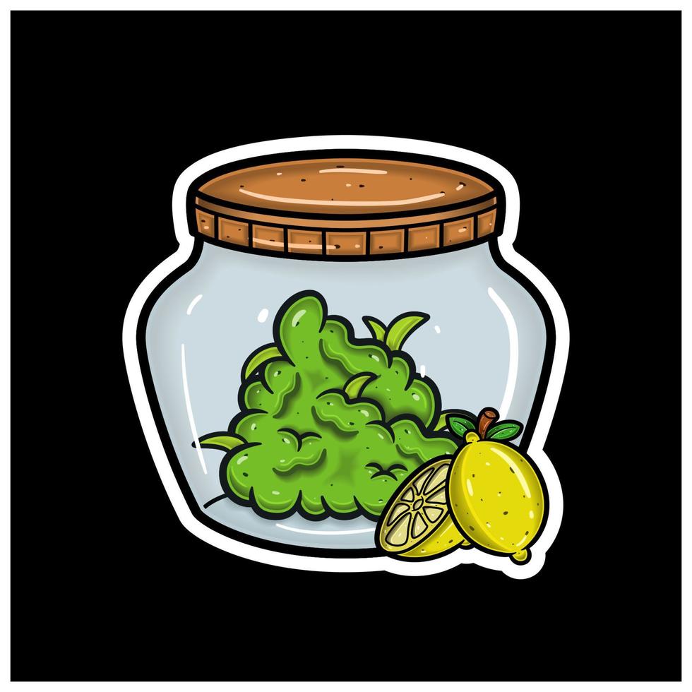 Lemon Fruit Flavor With Cartoon Mascot of Weed Bud On Jar. For Sticker and label. vector
