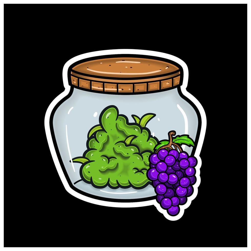 Grape Fruit Flavor With Cartoon Mascot of Weed Bud On Jar. For Sticker and label. vector