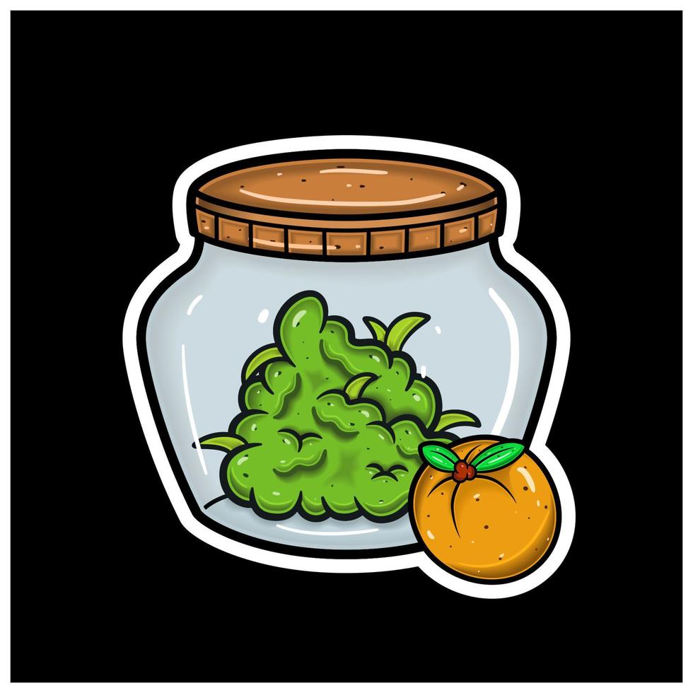 Orange Fruit Flavor With Cartoon Mascot of Weed Bud On Jar. For Sticker and label. vector