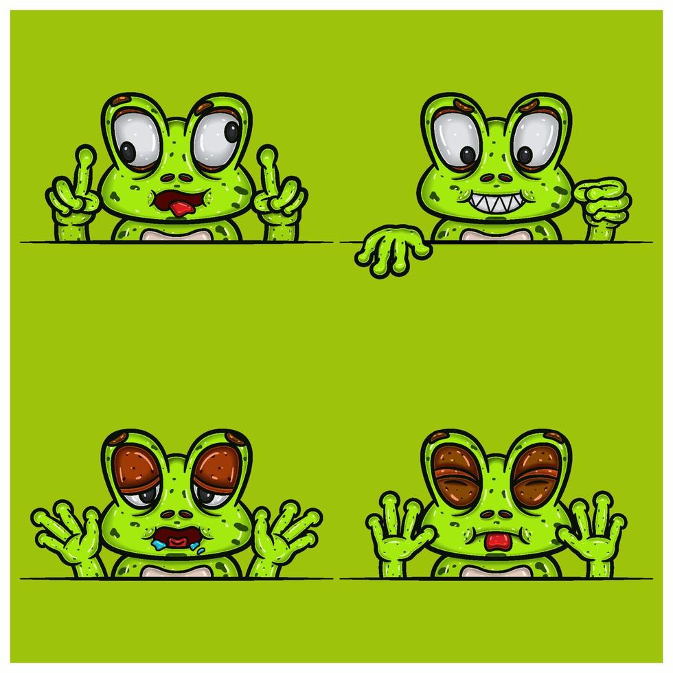 Set Of Expression Frog Face Cartoon. Crazy, Evil, Hungry and Taunt Face Expression. With Simple Gradient. vector