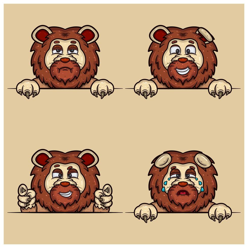 Set Of Expression Lion Face Cartoon. Bored, Crying, Smug and Happy Face Expression. With Simple Gradient. vector