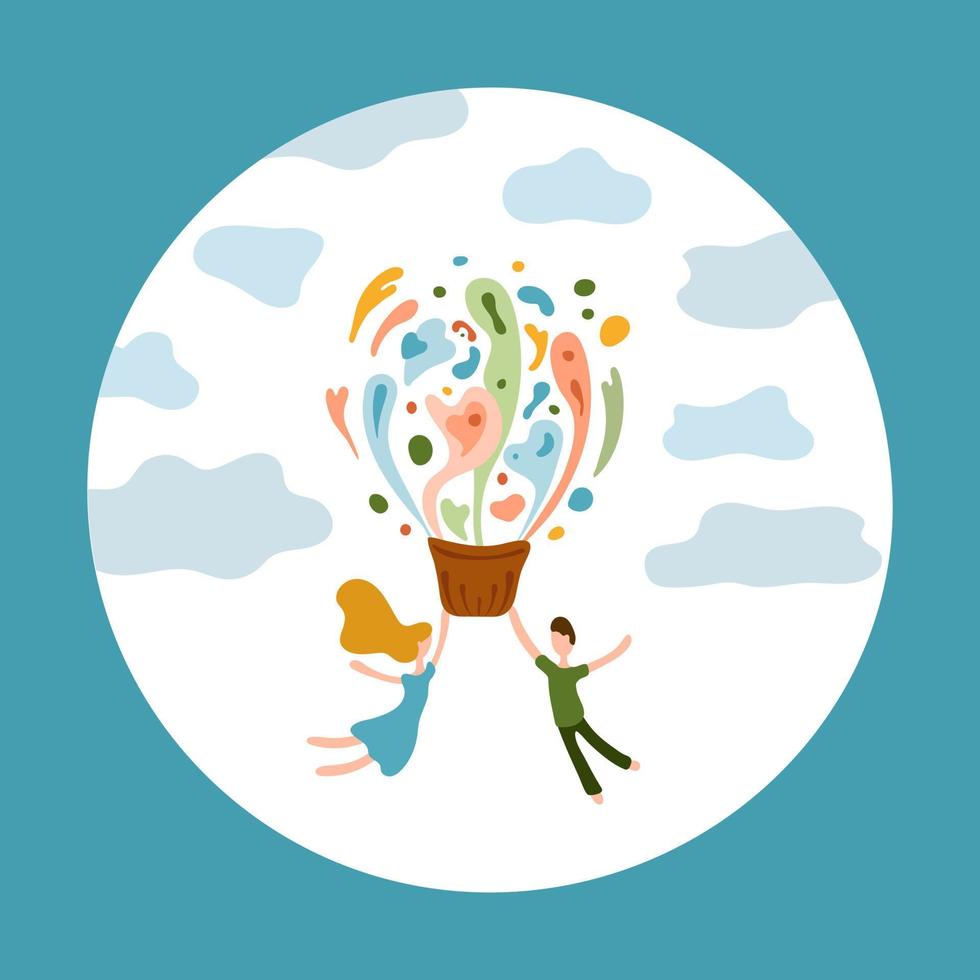 Couple flying in Hot air balloon. Paper cut and craft style. Vector illustration. Abstract balloon.