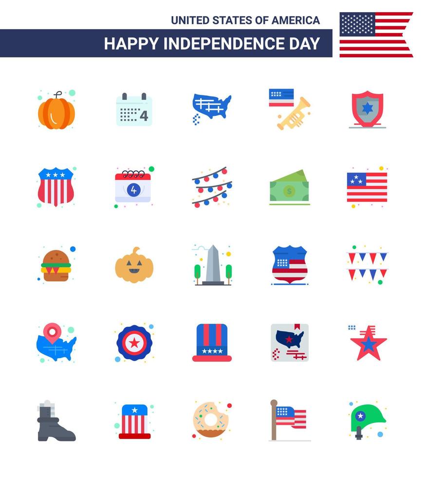 Stock Vector Icon Pack of American Day 25 Flat Signs and Symbols for shield american states american speaker Editable USA Day Vector Design Elements