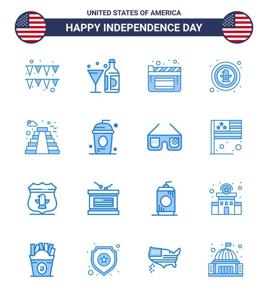 Happy Independence Day USA Pack of 16 Creative Blues of building badge cinema eagle bird Editable USA Day Vector Design Elements