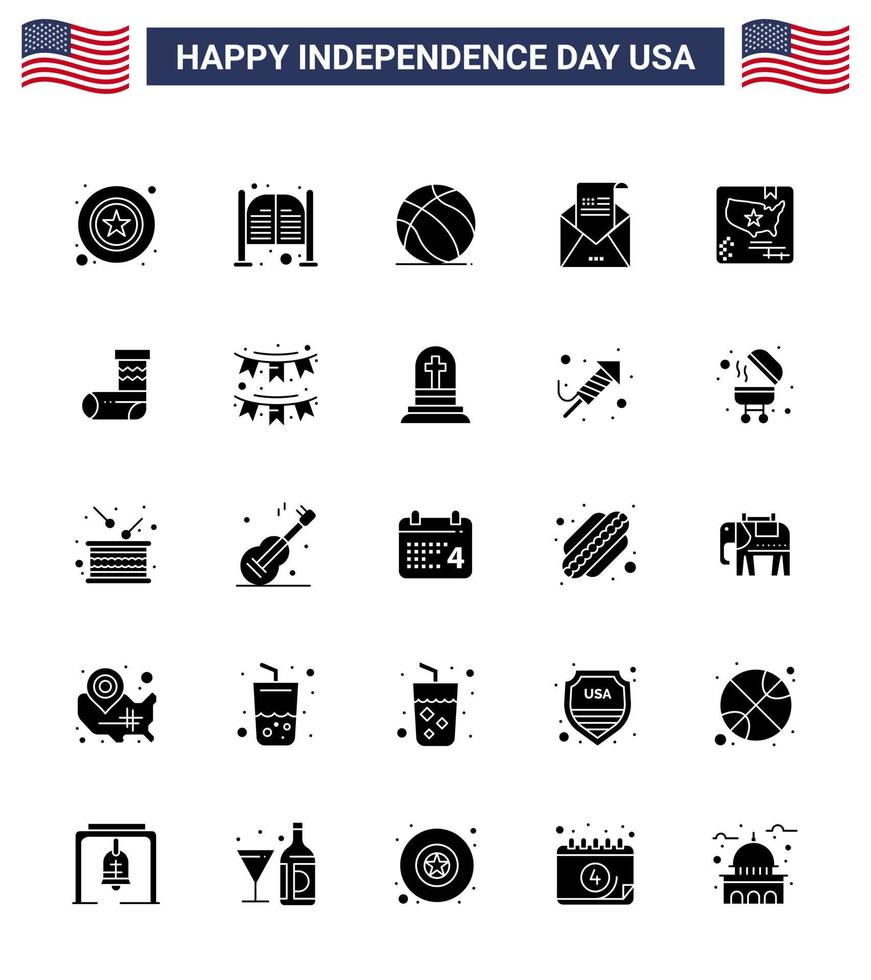 Set of 25 Modern Solid Glyph pack on USA Independence Day mail greeting entrance envelope usa Editable USA Day Vector Design Elements